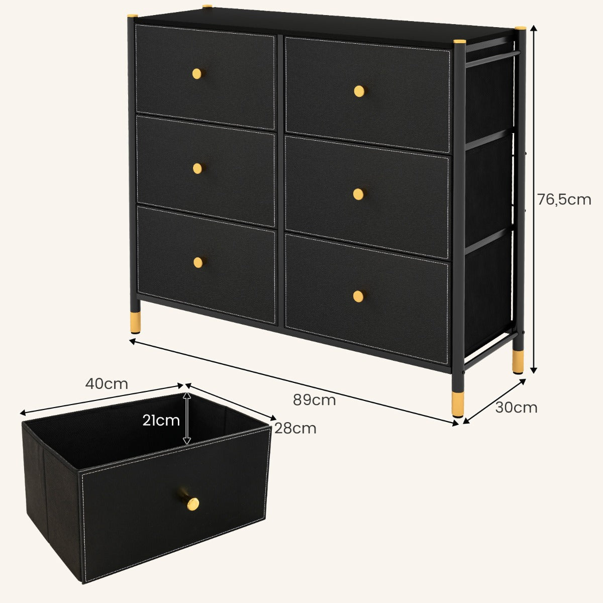 Cajonera con 6 Cajones Marco de Metal Mueble Almacenaje de Tela para Dormitorio Salón Sala de Estar y Pasillo 89 x 30 x 76,5 cm Negro