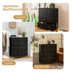 Cajonera con 8 Cajones Marco de Metal Mueble Almacenaje de Tela para Dormitorio Salón Sala de Estar y Pasillo 89 x 30 x 98 cm Negro