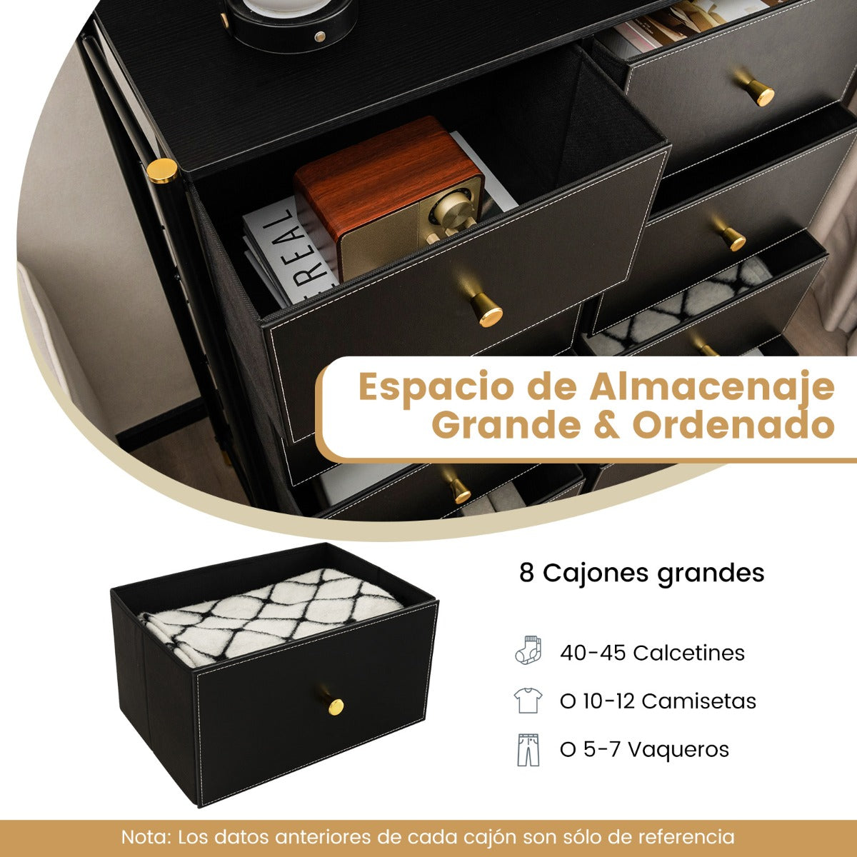Cajonera con 8 Cajones Marco de Metal Mueble Almacenaje de Tela para Dormitorio Salón Sala de Estar y Pasillo 89 x 30 x 98 cm Negro