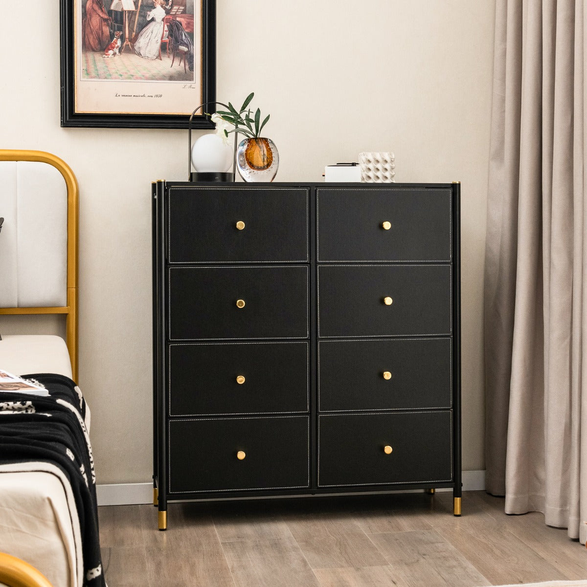 Cajonera con 8 Cajones Marco de Metal Mueble Almacenaje de Tela para Dormitorio Salón Sala de Estar y Pasillo 89 x 30 x 98 cm Negro