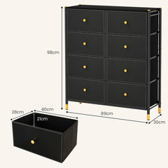 Cajonera con 8 Cajones Marco de Metal Mueble Almacenaje de Tela para Dormitorio Salón Sala de Estar y Pasillo 89 x 30 x 98 cm Negro