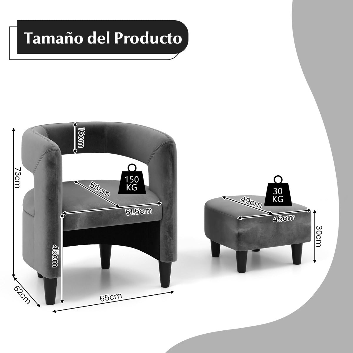 Silla de Barril Tapizada de Terciopelo y Otomana con Reposapiés Respaldo Abierto Marco de Madera Maciza para Dormitorio Estudio Gris