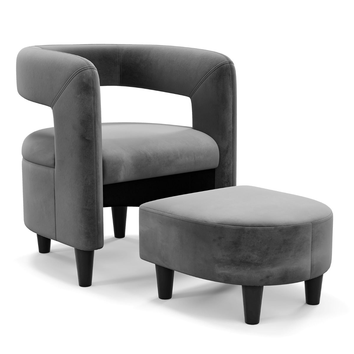 Silla de Barril Tapizada de Terciopelo y Otomana con Reposapiés Respaldo Abierto Marco de Madera Maciza para Dormitorio Estudio Gris