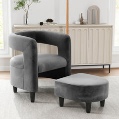 Silla de Barril Tapizada de Terciopelo y Otomana con Reposapiés Respaldo Abierto Marco de Madera Maciza para Dormitorio Estudio Gris