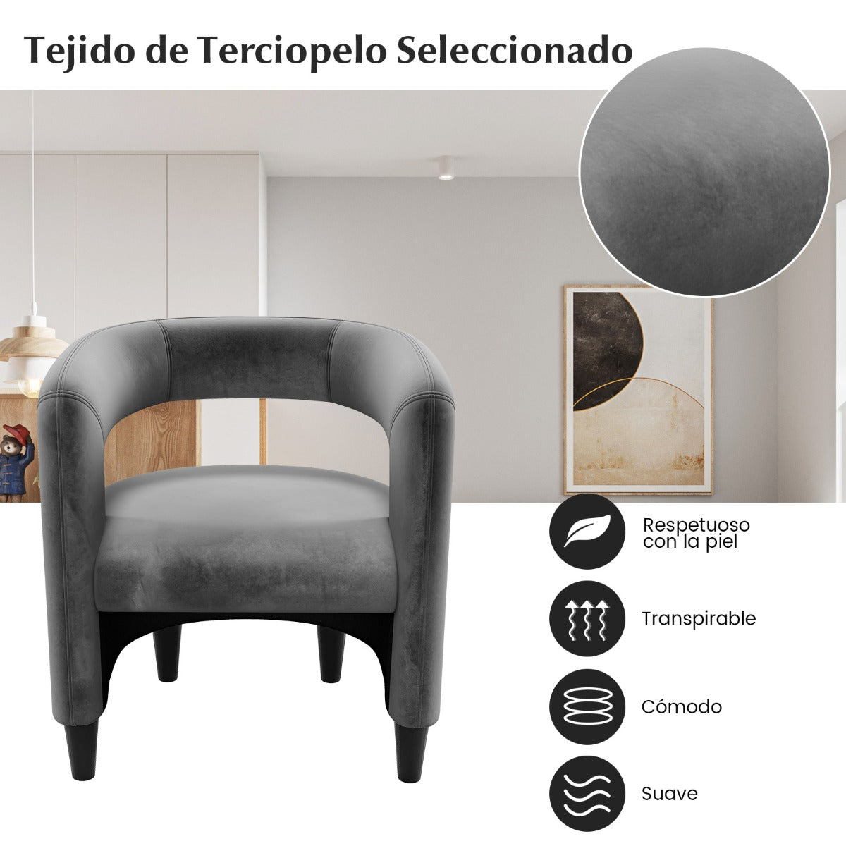 Silla de Barril Tapizada de Terciopelo y Otomana con Reposapiés Respaldo Abierto Marco de Madera Maciza para Dormitorio Estudio Gris