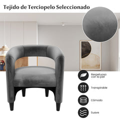 Silla de Barril Tapizada de Terciopelo y Otomana con Reposapiés Respaldo Abierto Marco de Madera Maciza para Dormitorio Estudio Gris