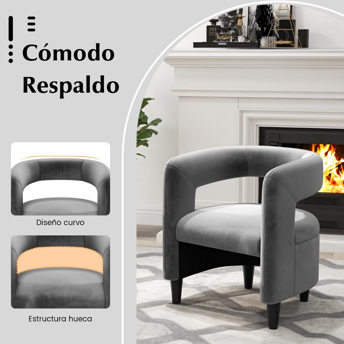 Silla de Barril Tapizada de Terciopelo y Otomana con Reposapiés Respaldo Abierto Marco de Madera Maciza para Dormitorio Estudio Gris