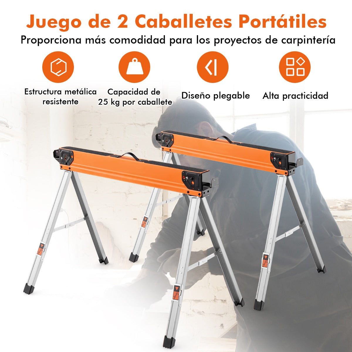 Caballetes de Sierra Portátiles de Metal de Alta Resistencia con Clavijas Abatibles y 2 x 4 Brazos de Soporte Cada Carga 500 kg Naranja