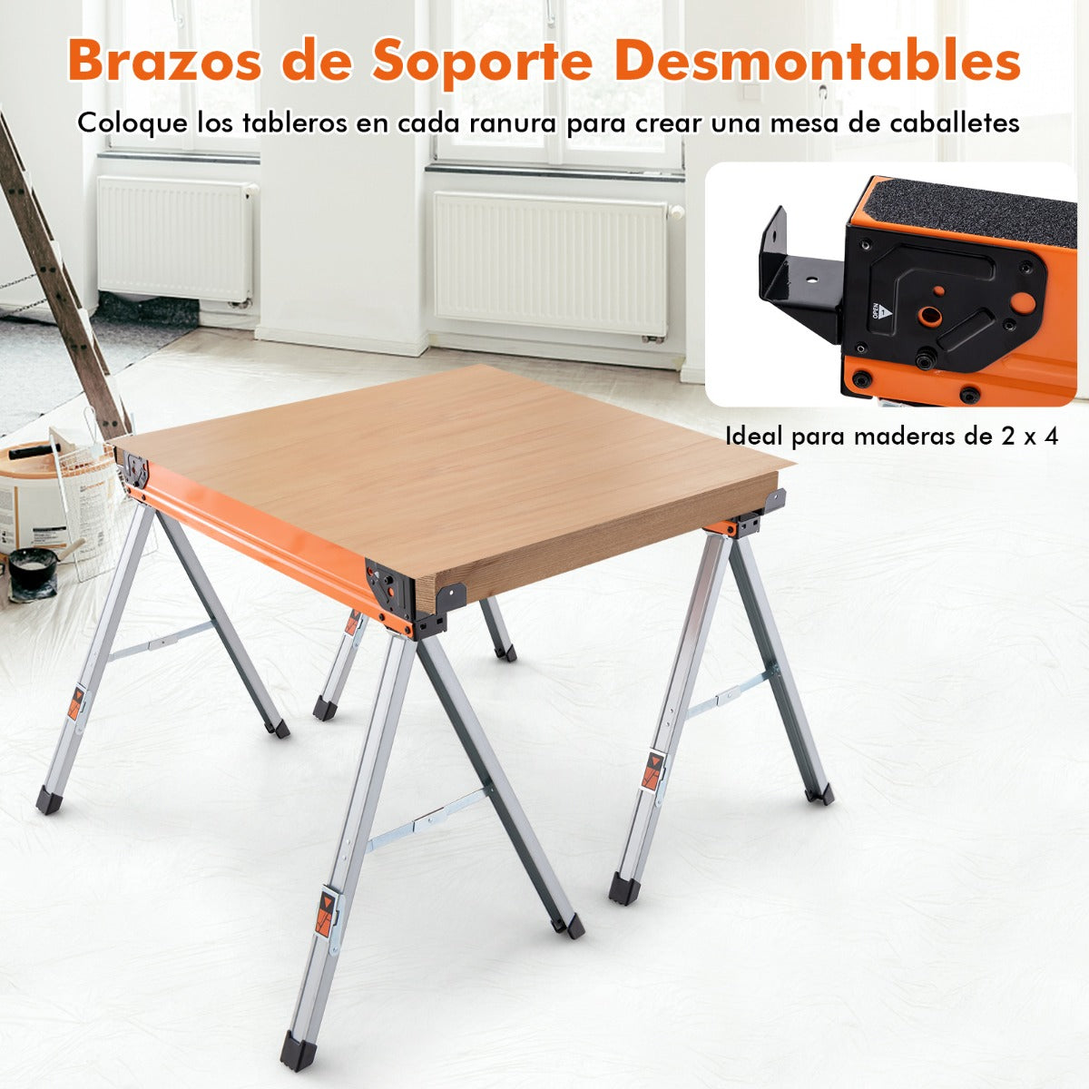 Caballetes de Sierra Portátiles de Metal de Alta Resistencia con Clavijas Abatibles y 2 x 4 Brazos de Soporte Cada Carga 500 kg Naranja