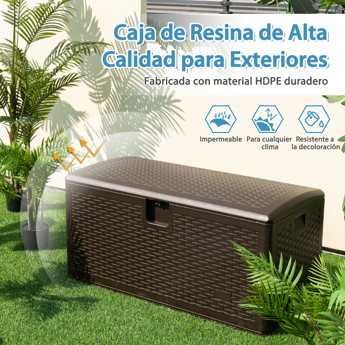 Caja de Almacenamiento 276 L de Patio Baúl Almacenaje HDPE Exterior con Tapa con Cerradura Contenedor Carga 100kg Marrón 114 x 54 x 56 cm