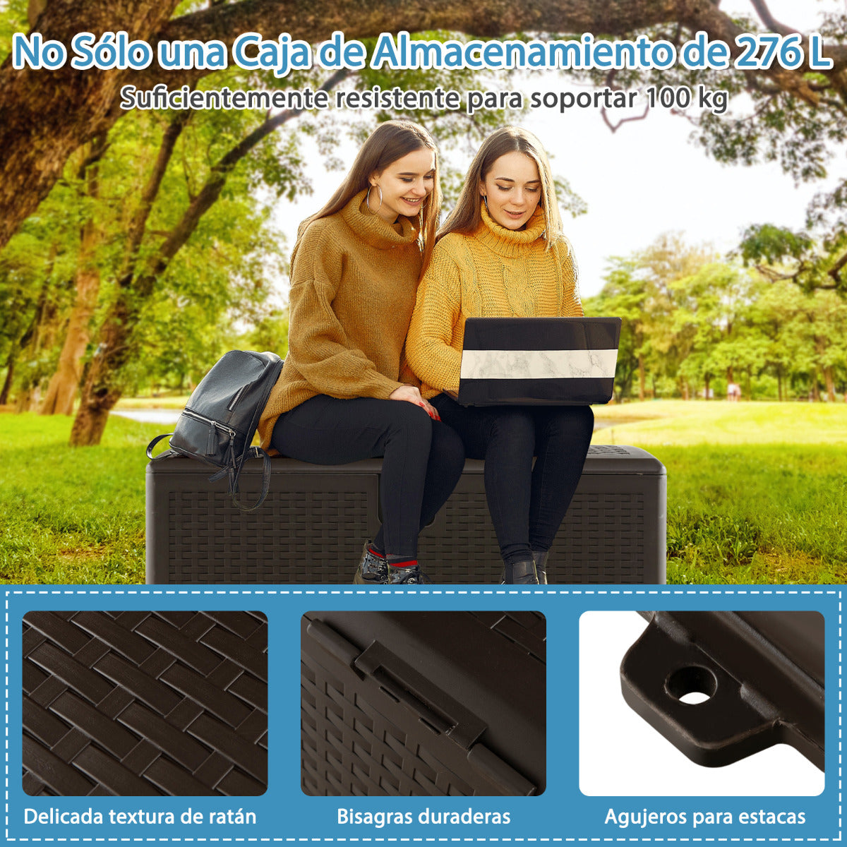 Caja de Almacenamiento 276 L de Patio Baúl Almacenaje HDPE Exterior con Tapa con Cerradura Contenedor Carga 100kg Marrón 114 x 54 x 56 cm