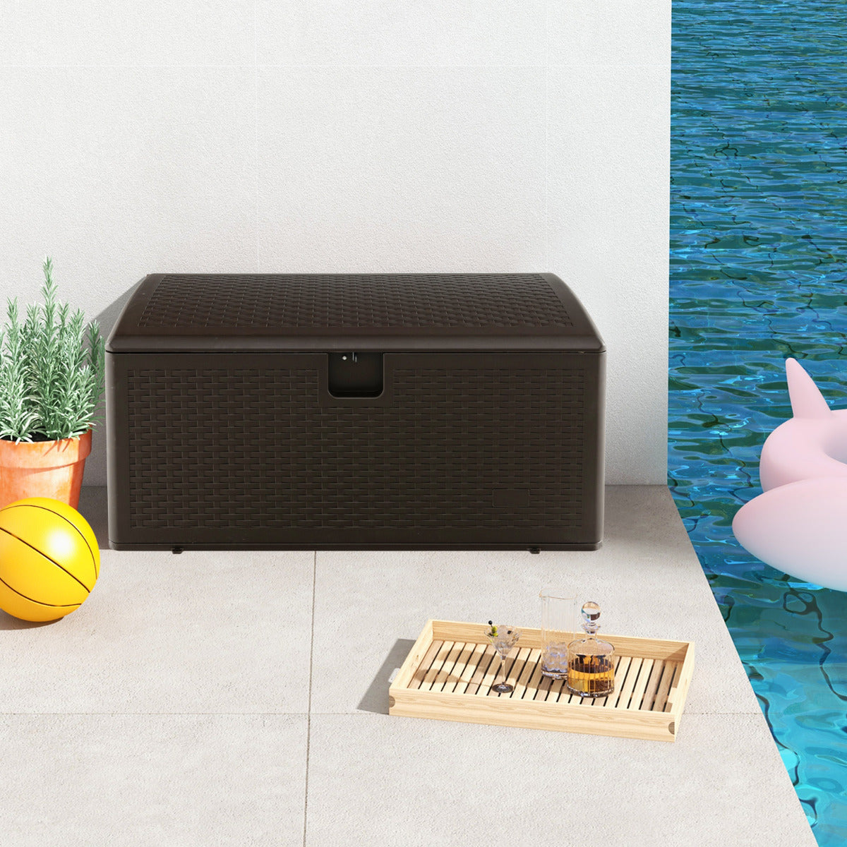 Caja de Almacenamiento 276 L de Patio Baúl Almacenaje HDPE Exterior con Tapa con Cerradura Contenedor Carga 100kg Marrón 114 x 54 x 56 cm