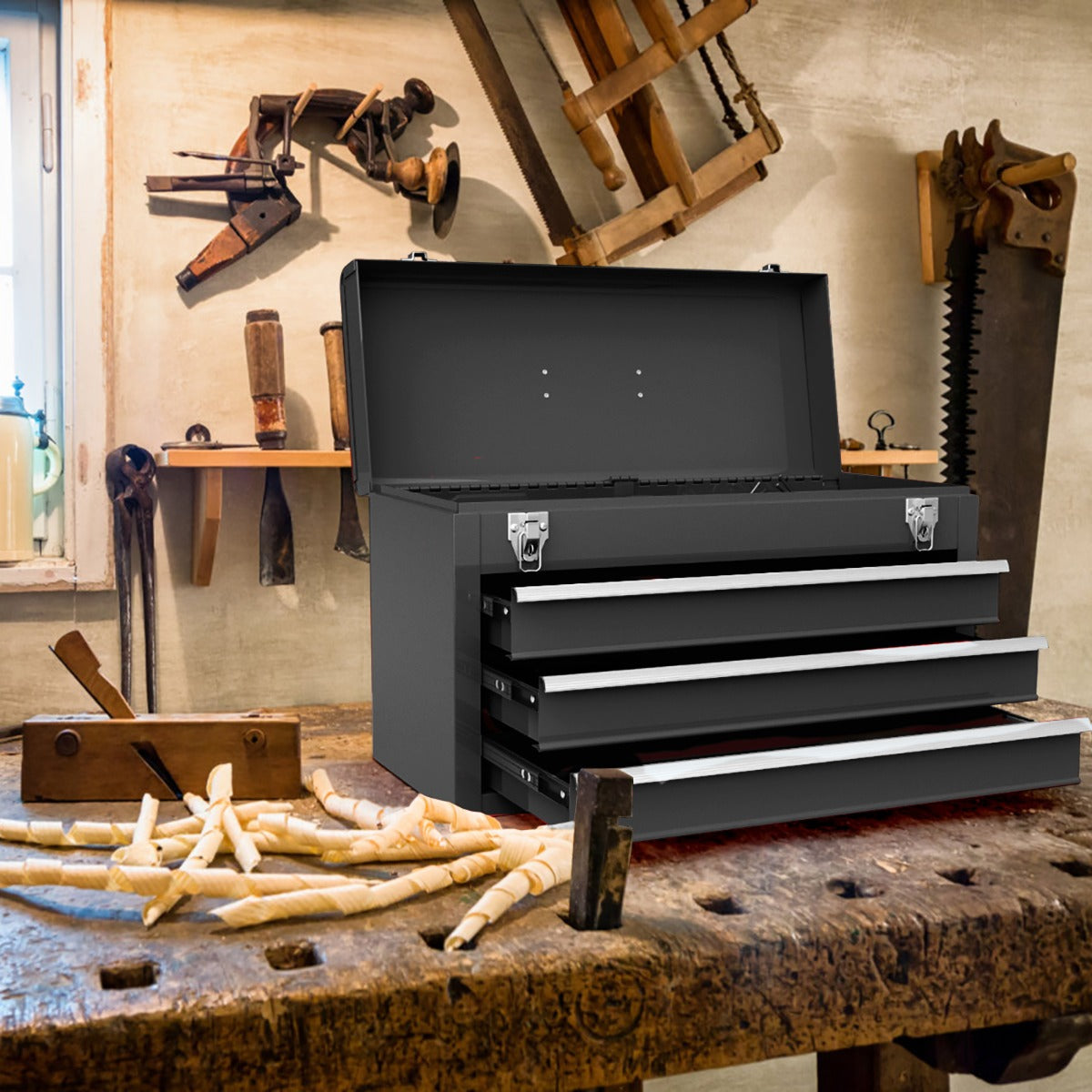 Caja de Herramientas de Metal Portátil con 3 Cajones y Bandeja de Almacenamiento Sistema de Doble Pestillo 52 x 21 x 30 cm Negro