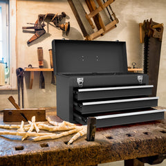 Caja de Herramientas de Metal Portátil con 3 Cajones y Bandeja de Almacenamiento Sistema de Doble Pestillo 52 x 21 x 30 cm Negro
