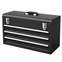 Caja de Herramientas de Metal Portátil con 3 Cajones y Bandeja de Almacenamiento Sistema de Doble Pestillo 52 x 21 x 30 cm Negro