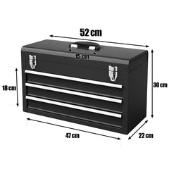 Caja de Herramientas de Metal Portátil con 3 Cajones y Bandeja de Almacenamiento Sistema de Doble Pestillo 52 x 21 x 30 cm Negro