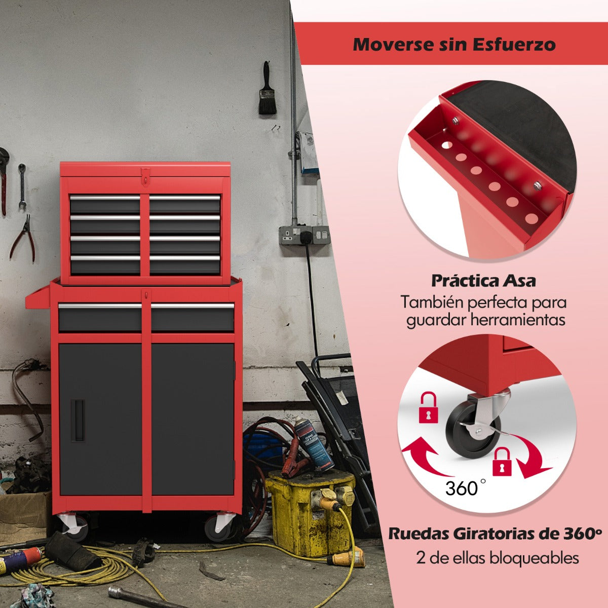 Caja de Herramientas Desmontable para Garaje con Ruedas Bloqueables Estante Ajustable y Forro Antideslizante 59 x 28 x 102 cm-Rojo+Negro