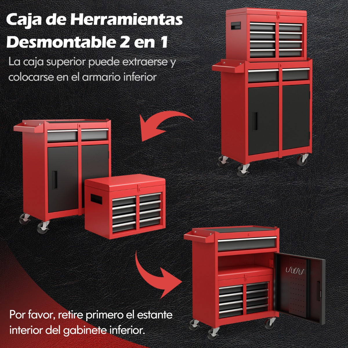 Caja de Herramientas Desmontable para Garaje con Ruedas Bloqueables Estante Ajustable y Forro Antideslizante 59 x 28 x 102 cm-Rojo+Negro