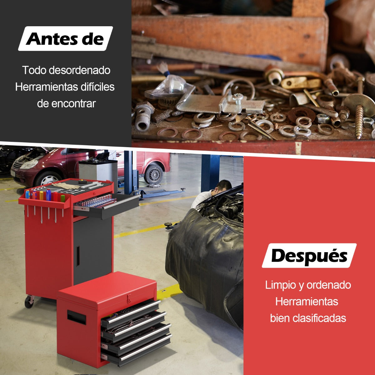 Caja de Herramientas Desmontable para Garaje con Ruedas Bloqueables Estante Ajustable y Forro Antideslizante 59 x 28 x 102 cm-Rojo+Negro