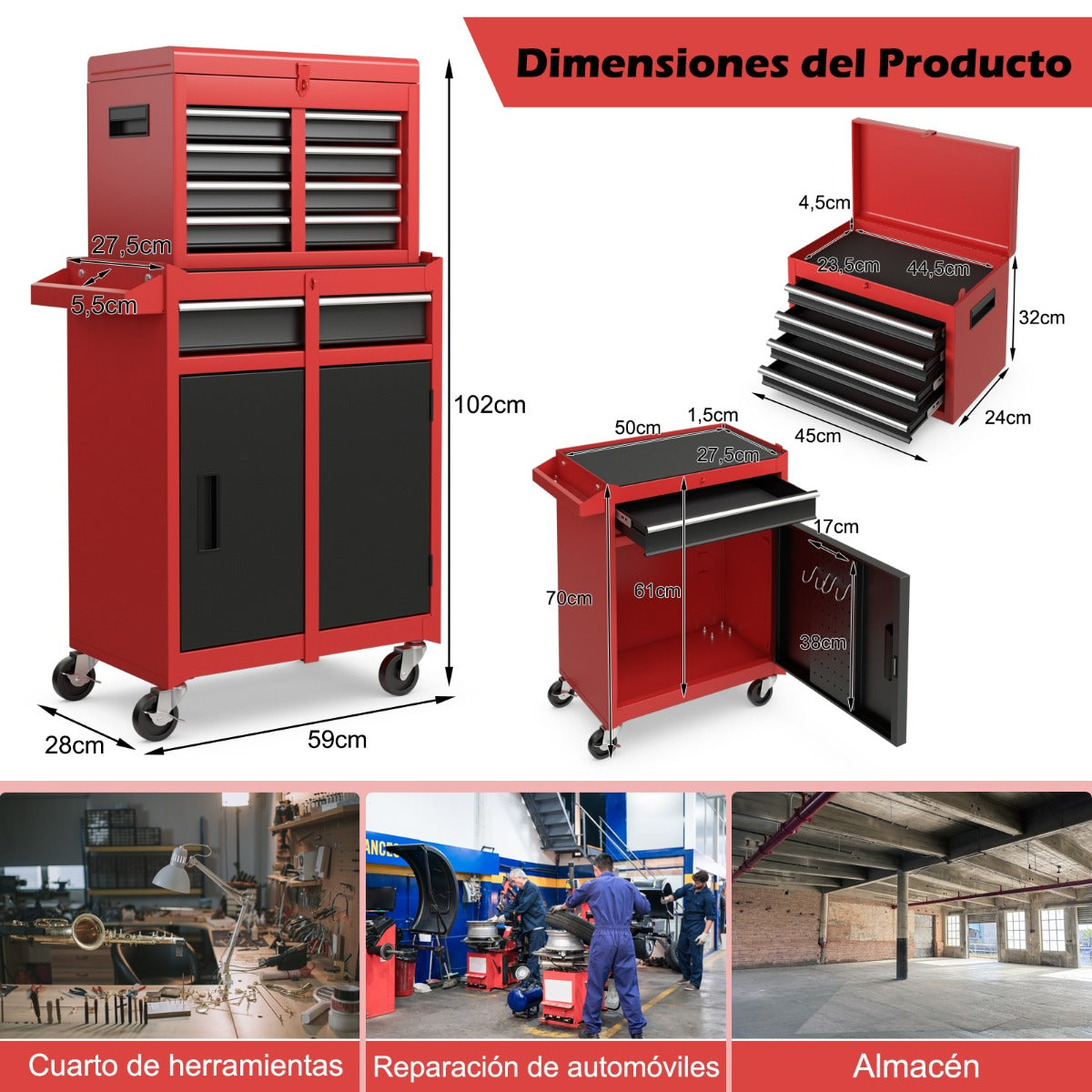 Caja de Herramientas Desmontable para Garaje con Ruedas Bloqueables Estante Ajustable y Forro Antideslizante 59 x 28 x 102 cm-Rojo+Negro
