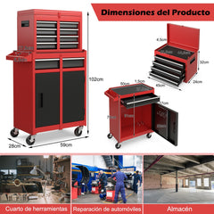Caja de Herramientas Desmontable para Garaje con Ruedas Bloqueables Estante Ajustable y Forro Antideslizante 59 x 28 x 102 cm-Rojo+Negro