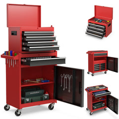 Caja de Herramientas Desmontable para Garaje con Ruedas Bloqueables Estante Ajustable y Forro Antideslizante 59 x 28 x 102 cm-Rojo+Negro