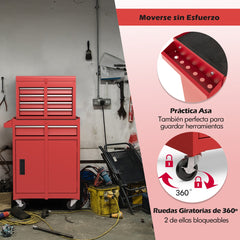 Caja de Herramientas Desmontable para Garaje con Ruedas Bloqueables Estante Ajustable y Forro Antideslizante 59 x 28 x 102 cm-Rojo