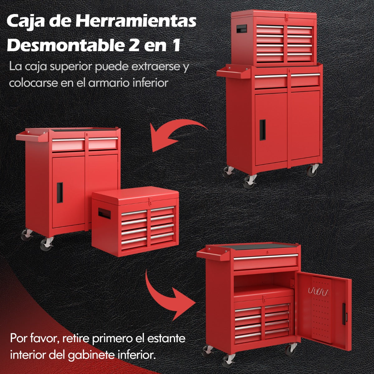 Caja de Herramientas Desmontable para Garaje con Ruedas Bloqueables Estante Ajustable y Forro Antideslizante 59 x 28 x 102 cm-Rojo
