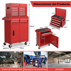 Caja de Herramientas Desmontable para Garaje con Ruedas Bloqueables Estante Ajustable y Forro Antideslizante 59 x 28 x 102 cm-Rojo