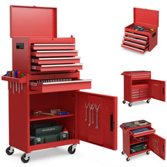 Caja de Herramientas Desmontable para Garaje con Ruedas Bloqueables Estante Ajustable y Forro Antideslizante 59 x 28 x 102 cm-Rojo