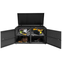 Caja de Almacenamiento de Ratán para Patio 335L Contenedor de Mimbre de Exterior Cubierta 2 Estantes 115 x 60 x 65 cm Negro