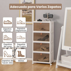 Cajas para Zapatos Plegable de 4 Niveles con Puertas Magnéticas Transparentes y Ruedas Universales Bloqueables 40 x 27,5 x 83,5 cm Blanco