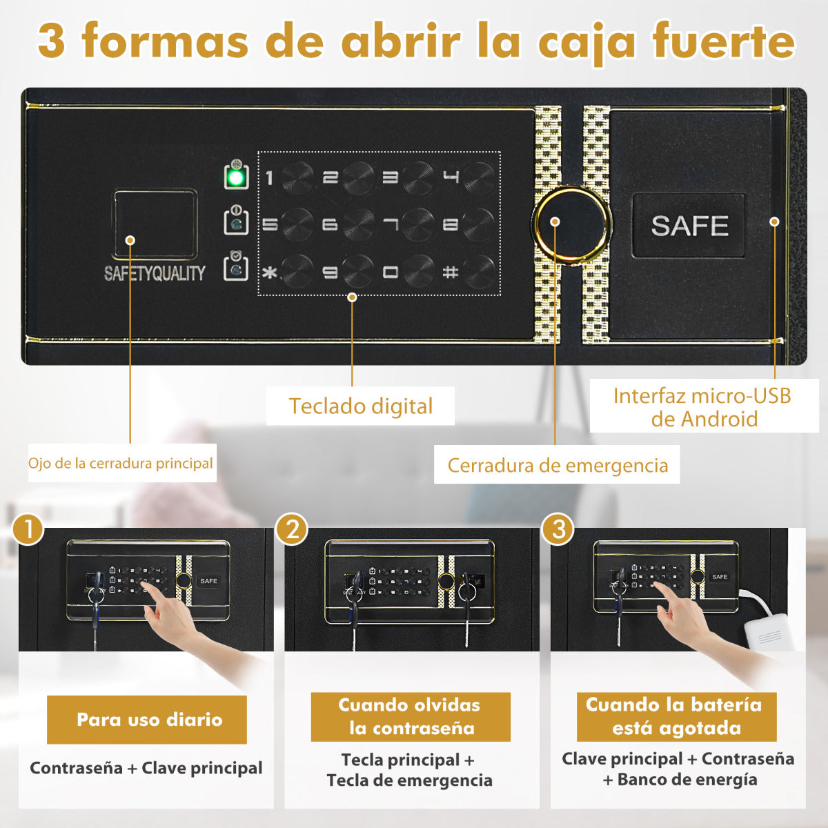 Caja Fuerte Caja de Seguridad Electrónica en Acero con Teclado Numérico Llave Sistema Alarma para Casa Hotel Oficina Negro 36 x 31 x 41 cm
