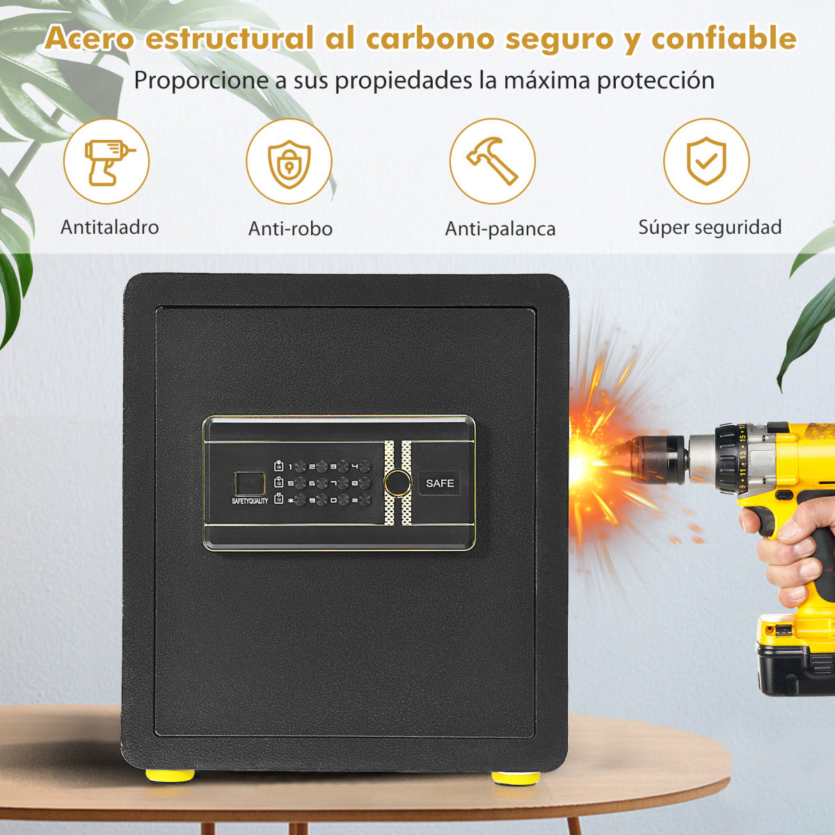 Caja Fuerte Caja de Seguridad Electrónica en Acero con Teclado Numérico Llave Sistema Alarma para Casa Hotel Oficina Negro 36 x 31 x 41 cm