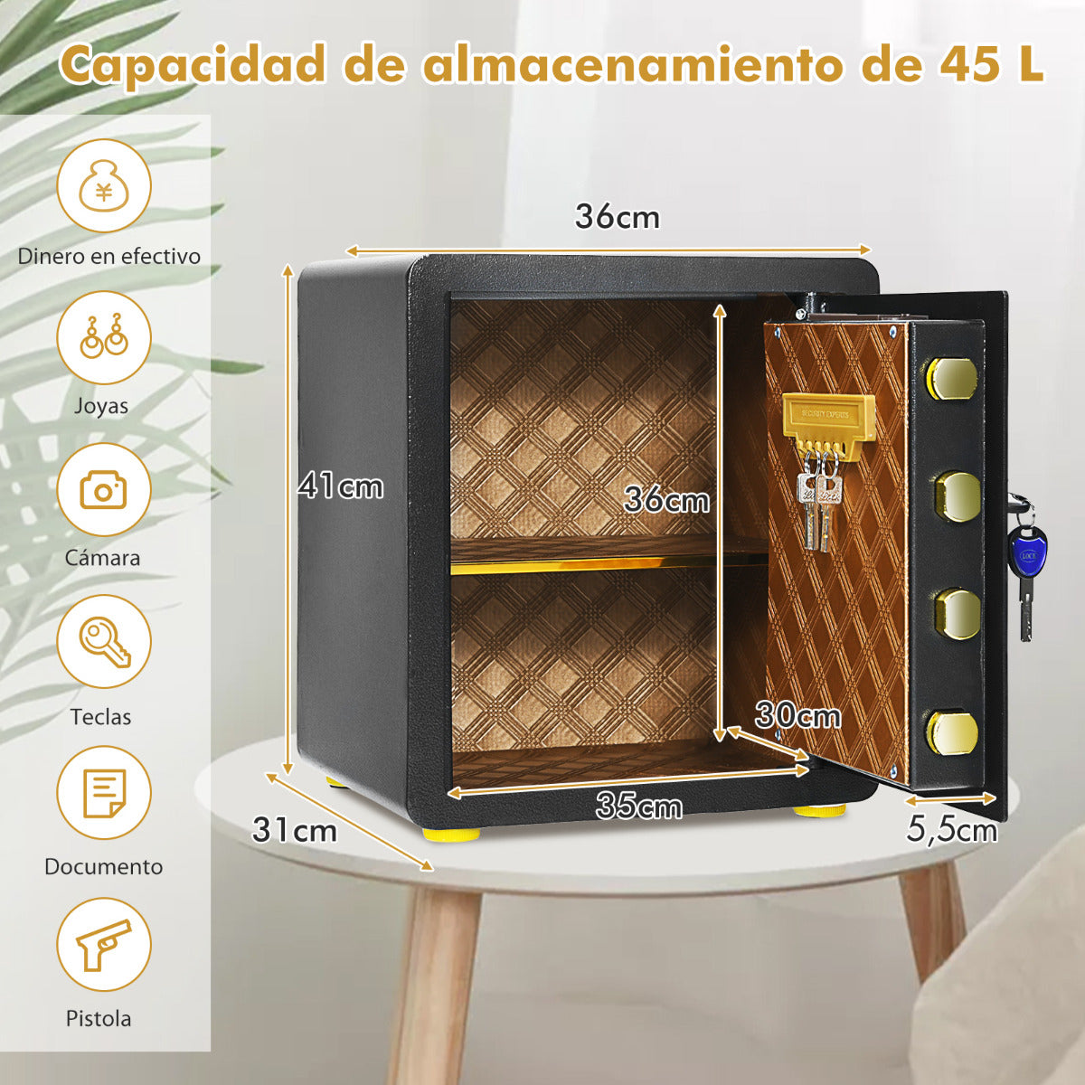 Caja Fuerte Caja de Seguridad Electrónica en Acero con Teclado Numérico Llave Sistema Alarma para Casa Hotel Oficina Negro 36 x 31 x 41 cm