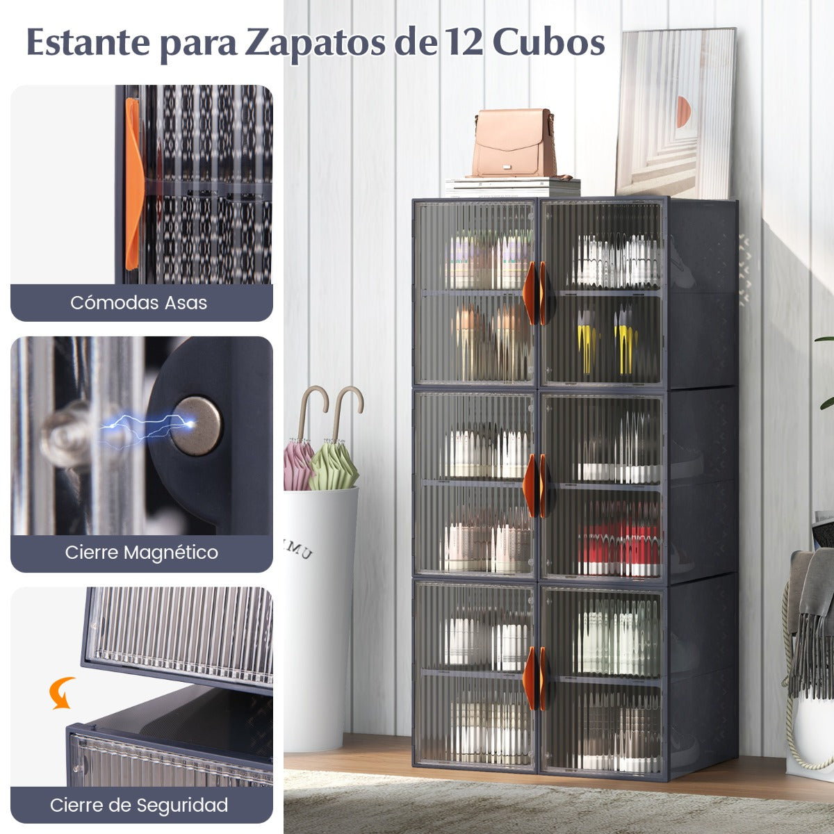 Cajas de Almacenamiento de 12 Cubos con Cubiertas Juego de 6 Cajas de Plástico Apilables Organizador para Zapatos Ropa Juguetes Gris