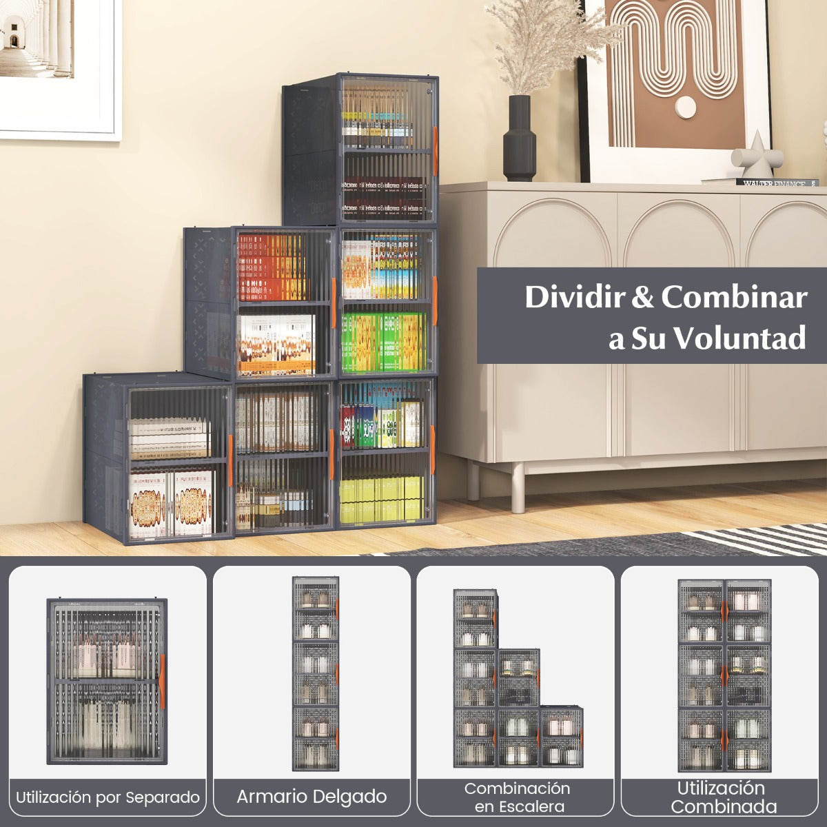 Cajas de Almacenamiento de 12 Cubos con Cubiertas Juego de 6 Cajas de Plástico Apilables Organizador para Zapatos Ropa Juguetes Gris