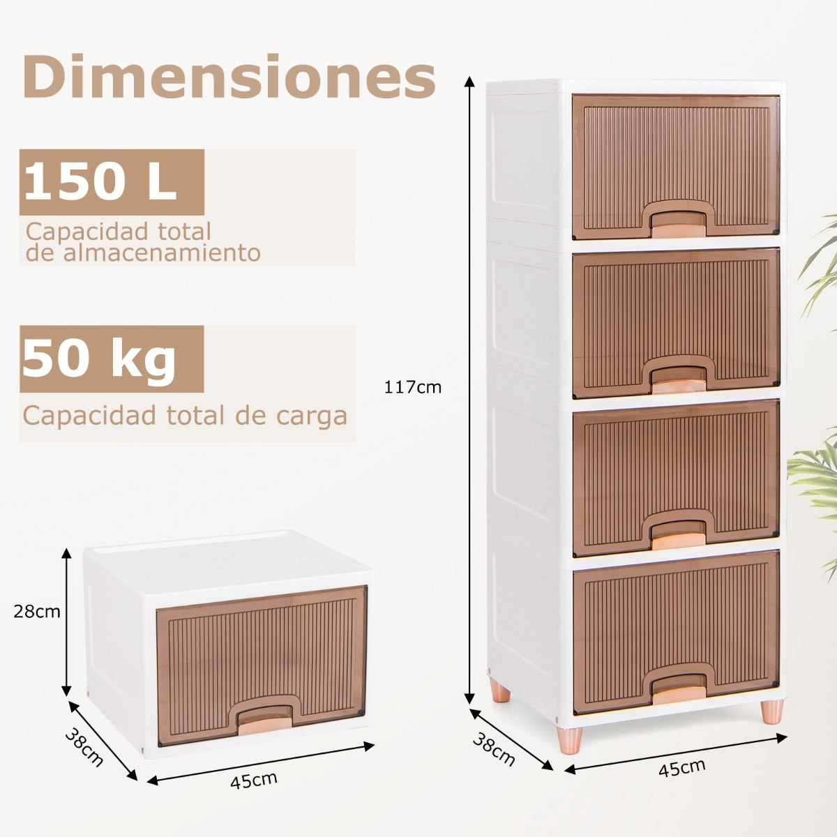Caja de Almacenamiento de 150 L con Tapas Contenedor Apilable de 4 Niveles con Puertas Organizador de Plástico para Dormitorio Cocina Blanco