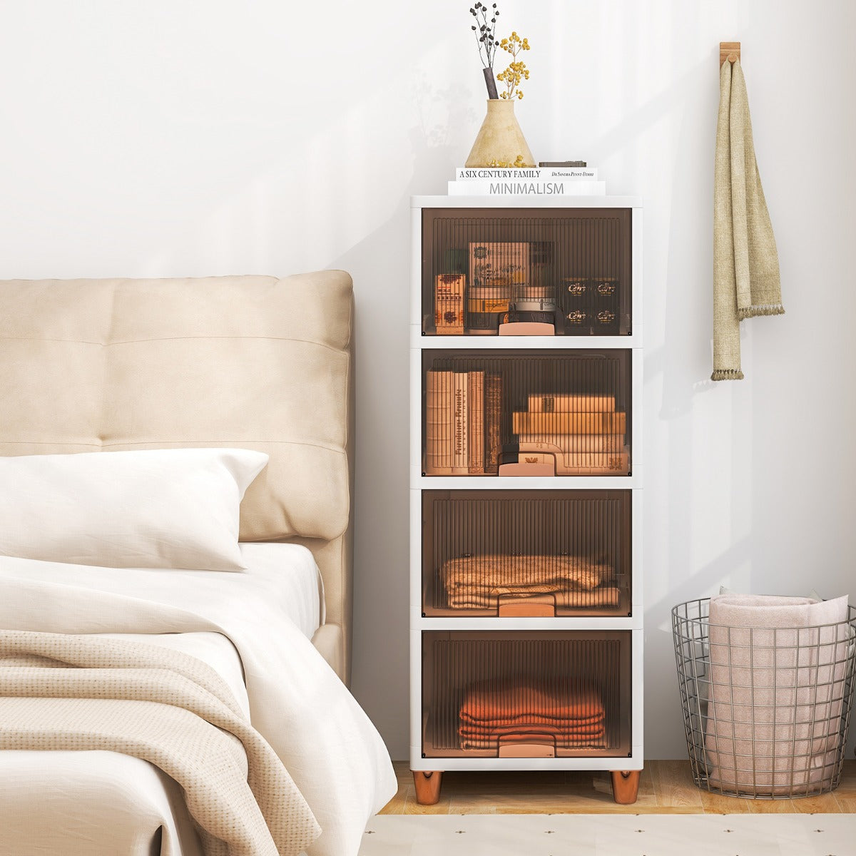 Caja de Almacenamiento de 150 L con Tapas Contenedor Apilable de 4 Niveles con Puertas Organizador de Plástico para Dormitorio Cocina Blanco