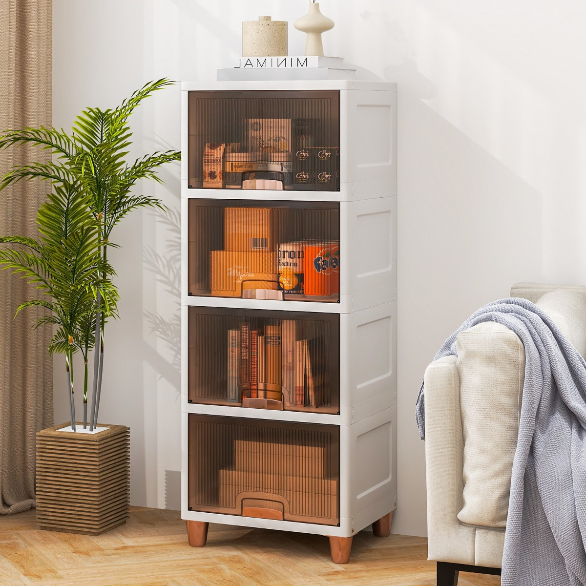 Caja de Almacenamiento de 150 L con Tapas Contenedor Apilable de 4 Niveles con Puertas Organizador de Plástico para Dormitorio Cocina Blanco