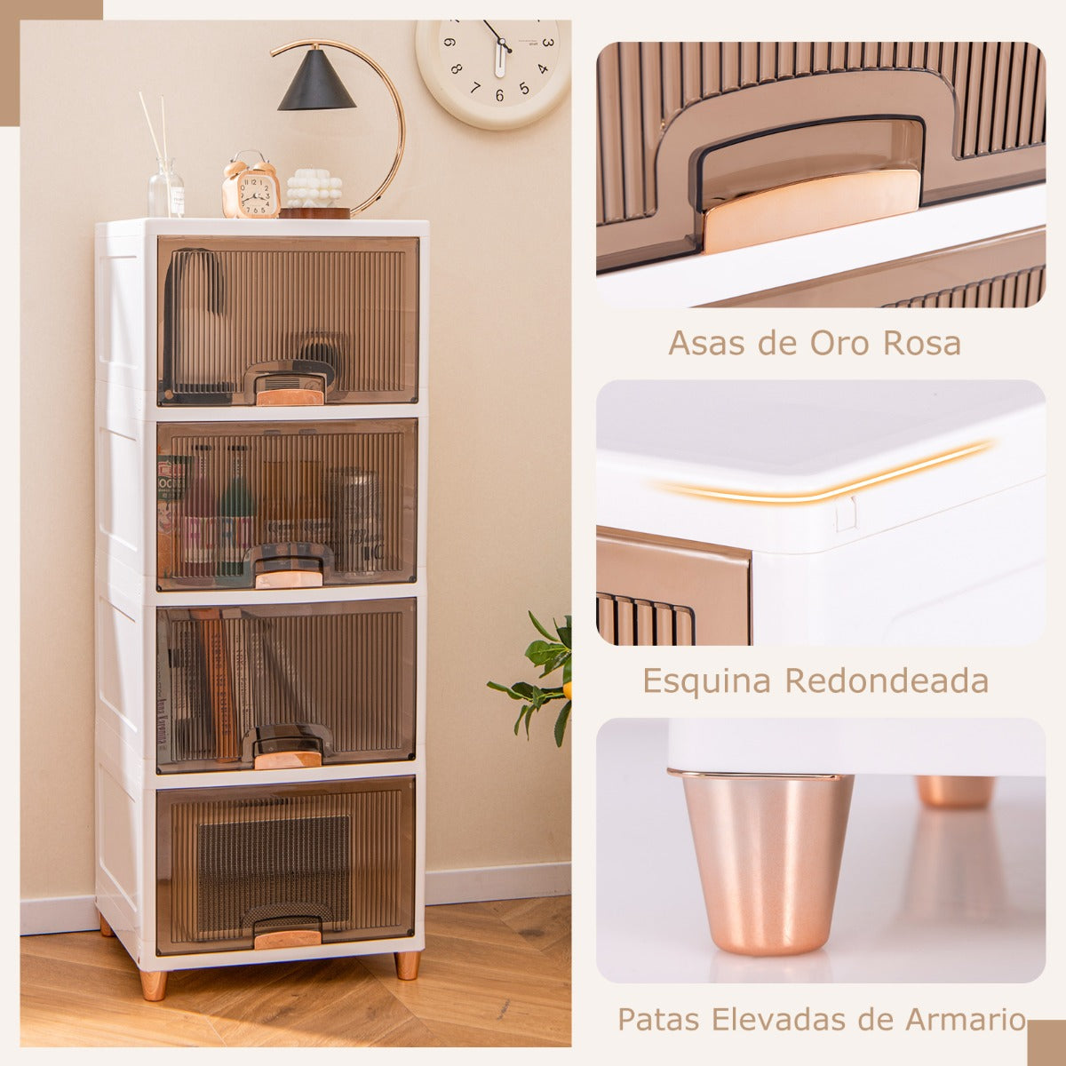 Caja de Almacenamiento de 150 L con Tapas Contenedor Apilable de 4 Niveles con Puertas Organizador de Plástico para Dormitorio Cocina Blanco