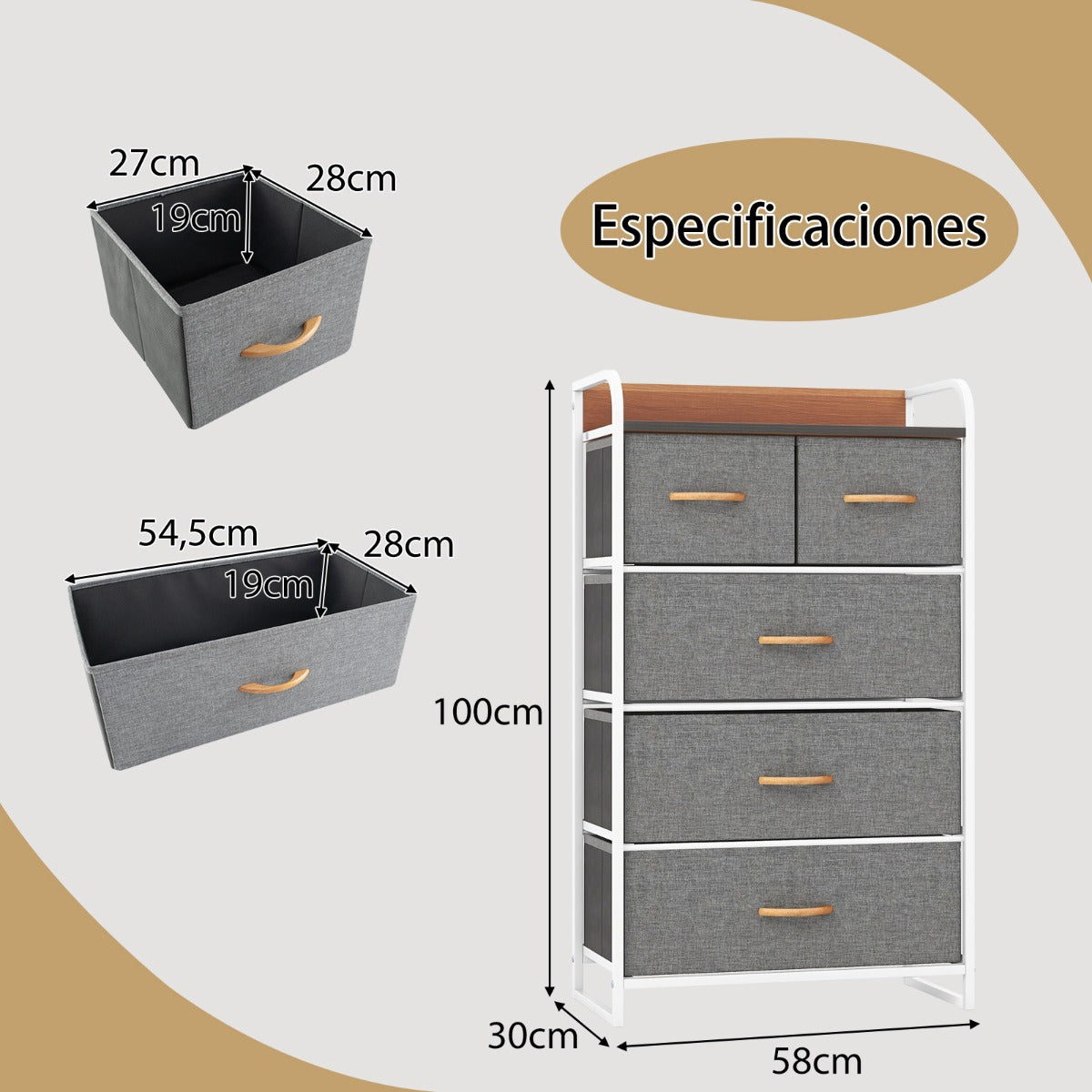 Cajonera con 5 Cajones Organizador Vertical con Cajones Plegables en Tejido Cómoda en Acero y Madera para Entrada 58 x 29 x 99,5 cm Gris