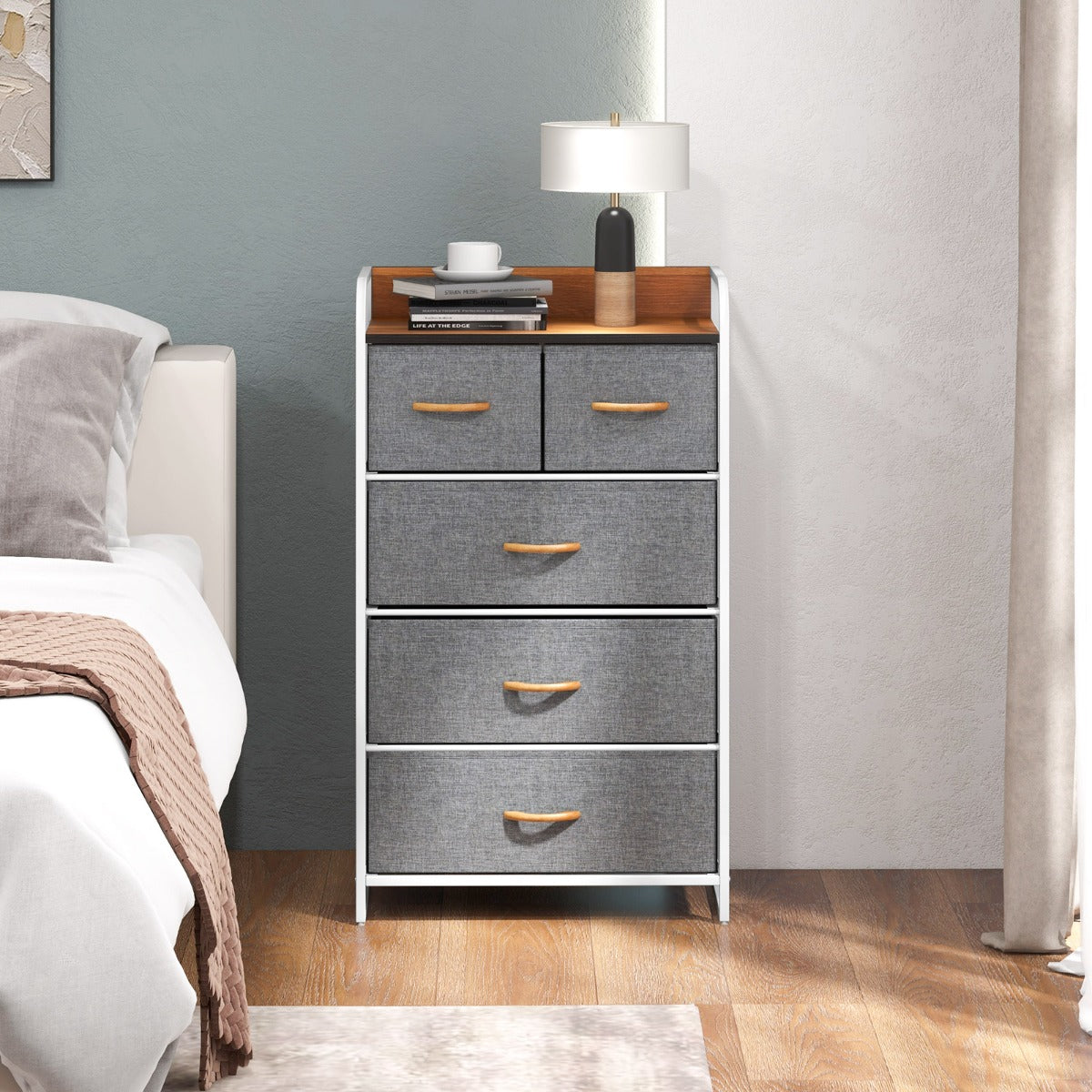 Cajonera con 5 Cajones Organizador Vertical con Cajones Plegables en Tejido Cómoda en Acero y Madera para Entrada 58 x 29 x 99,5 cm Gris