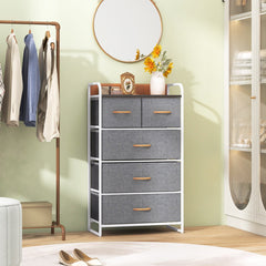 Cajonera con 5 Cajones Organizador Vertical con Cajones Plegables en Tejido Cómoda en Acero y Madera para Entrada 58 x 29 x 99,5 cm Gris