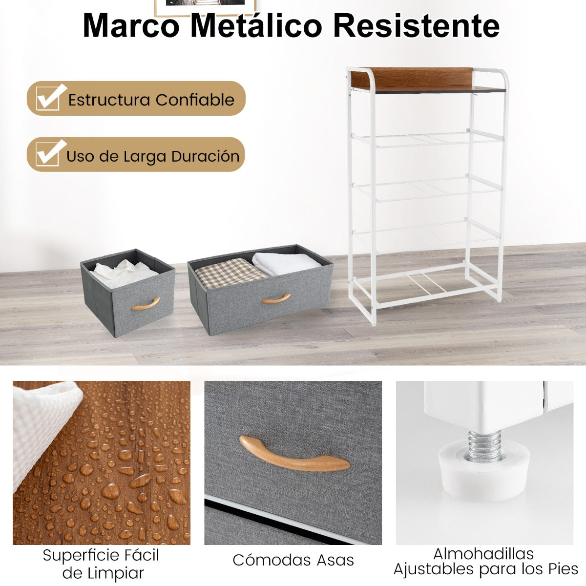 Cajonera con 5 Cajones Organizador Vertical con Cajones Plegables en Tejido Cómoda en Acero y Madera para Entrada 58 x 29 x 99,5 cm Gris