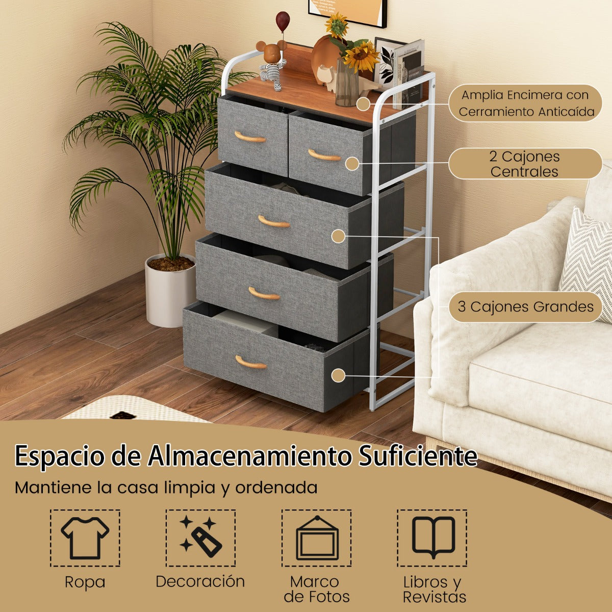 Cajonera con 5 Cajones Organizador Vertical con Cajones Plegables en Tejido Cómoda en Acero y Madera para Entrada 58 x 29 x 99,5 cm Gris