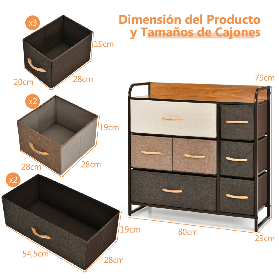 Cajonera con 7 Cajones Organizador Amplio con Cajones Plegables en Tejido Cómoda para Pasillo Vestidor Dormitorio Habitación 80 x 29 x 79 cm