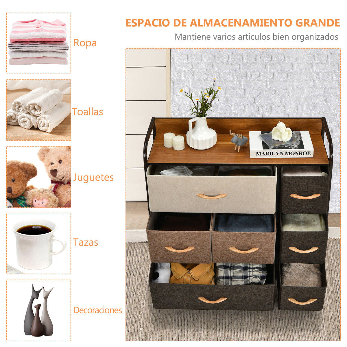 Cajonera con 7 Cajones Organizador Amplio con Cajones Plegables en Tejido Cómoda para Pasillo Vestidor Dormitorio Habitación 80 x 29 x 79 cm