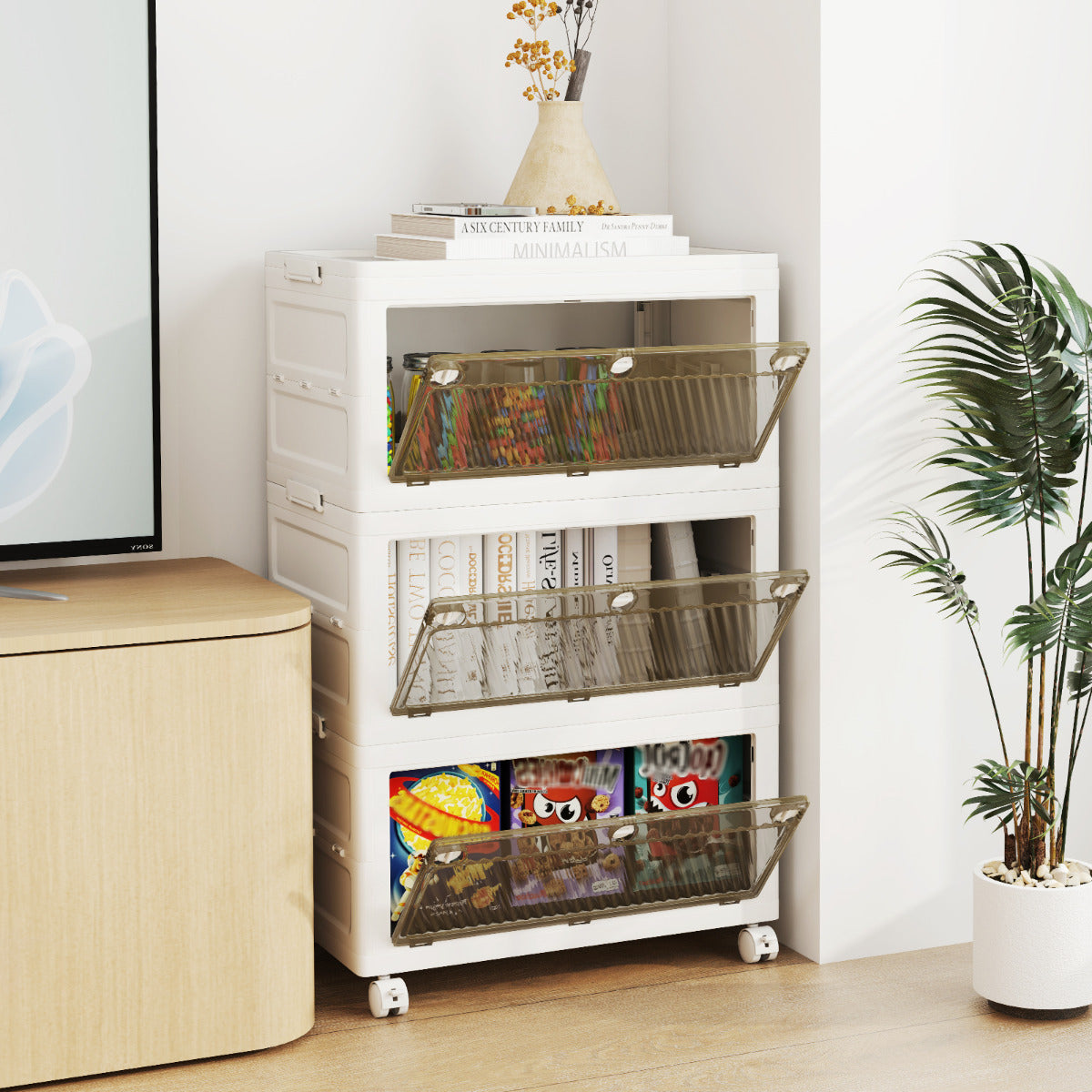 Cajonera de Almacenamiento Plásticos de 126 L de 3 Niveles Cajas Apilables Plegable con Tapa Ruedas para Dormitorio Salón Blanco