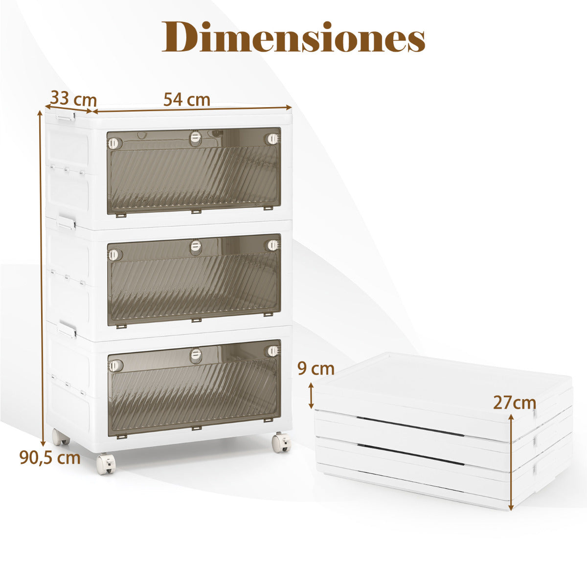 Cajonera de Almacenamiento Plásticos de 126 L de 3 Niveles Cajas Apilables Plegable con Tapa Ruedas para Dormitorio Salón Blanco